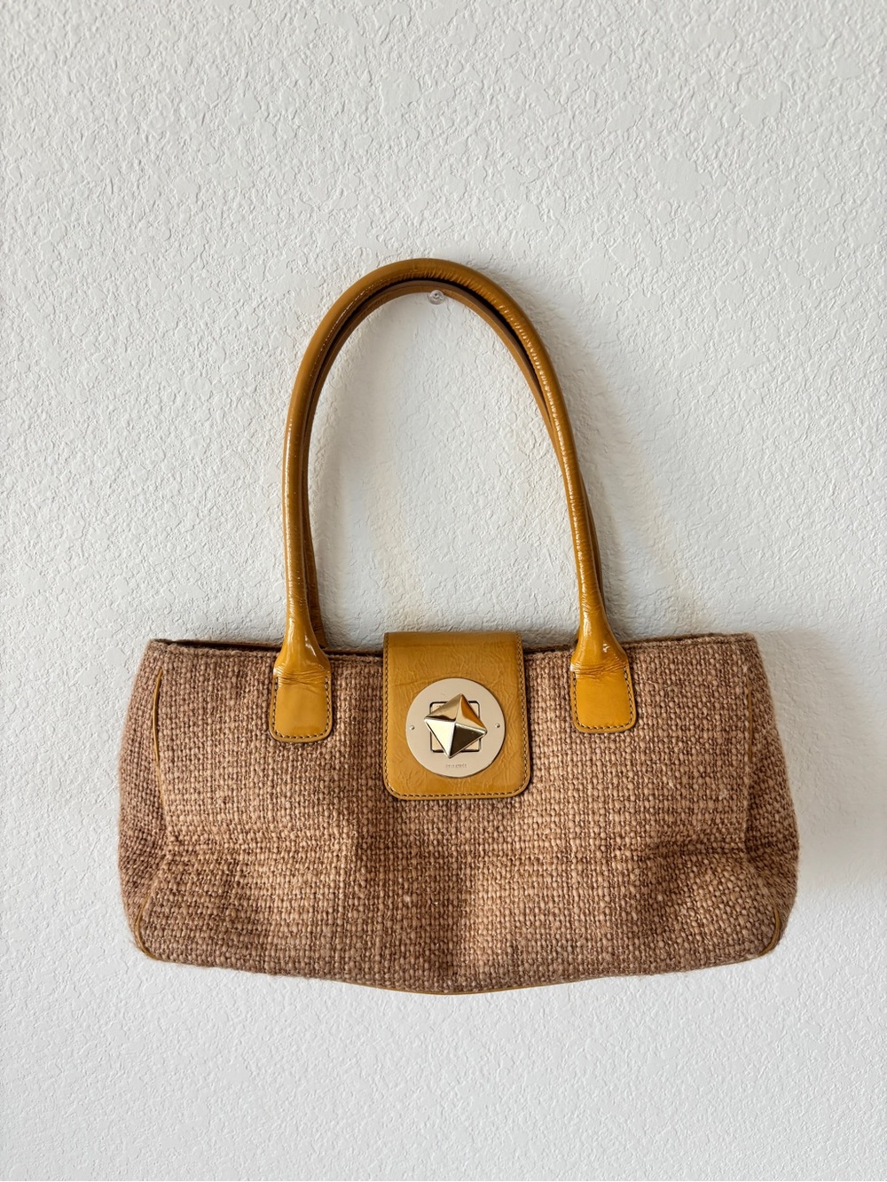 Vintage Kate Spade Woven Brown Tote Bag with Mustard Trim